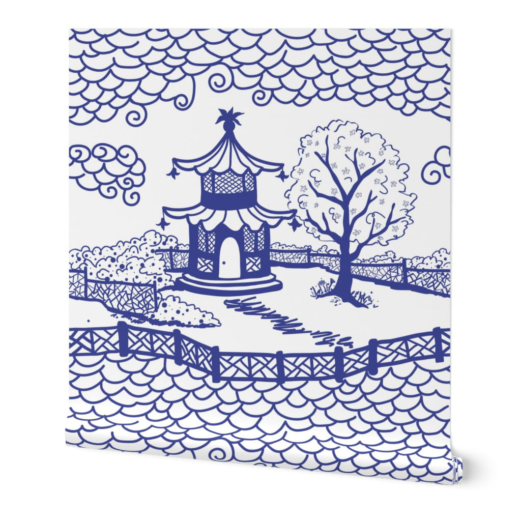 Peel-and-Stick Removable Wallpaper Pagoda Chinoiserie Blue White Asian Decor 